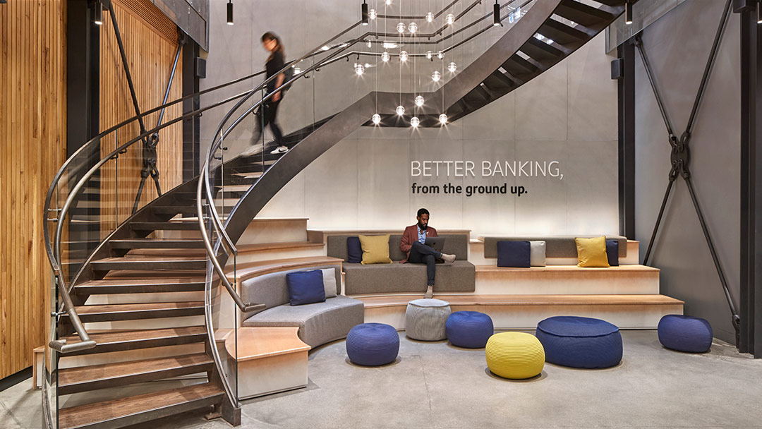 capital one bank cafe staircase seating area