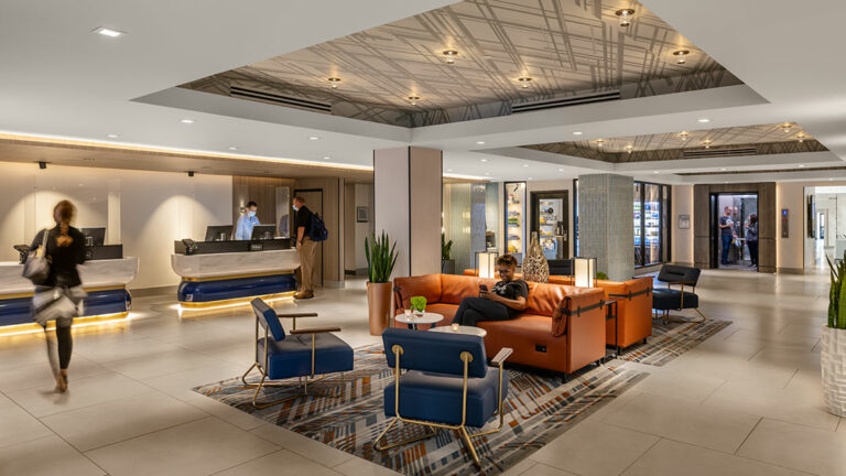 reception desk and hotel lobby