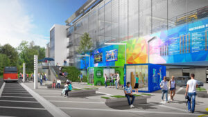 In this resilient design concept, shipping containers are repurposed to transform a sterile parking garage into a pop-up shopping area and park-and-ride.